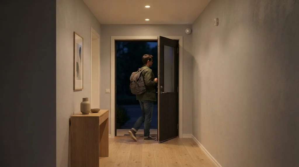 Smart home motion sensor in a hallway turning on ceiling lights automatically when a person walks in