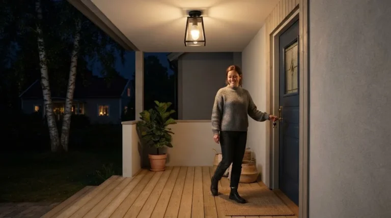 Motion sensor light bulb glowing in a porch ceiling fixture as a person arrives at the front door at night