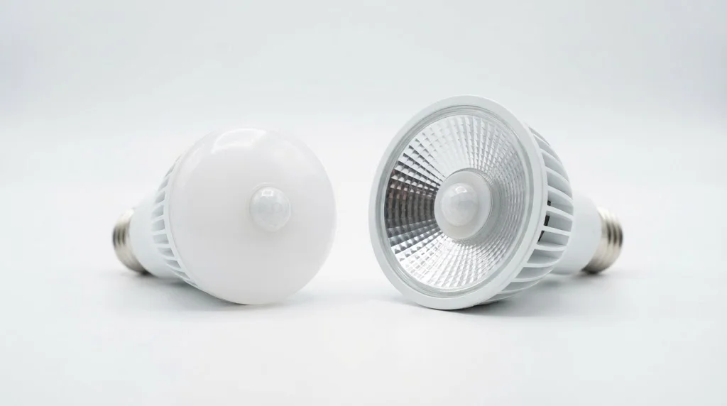 Two LED motion sensor light bulbs, an A21 bulb and a PAR38 floodlight bulb, each with a built-in sensor dome