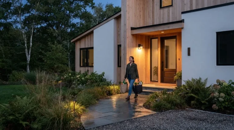 Motion sensor light turning on at a modern home front entrance at dusk as a person walks up the path