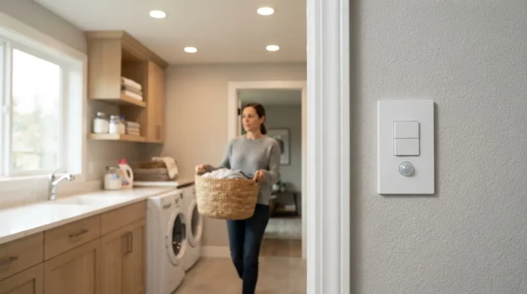 Motion sensor light switch beside a laundry room doorway turning on the ceiling light as a person enters