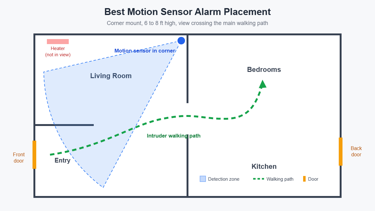 Diagram showing the best motion sensor alarm placement in a home floor plan