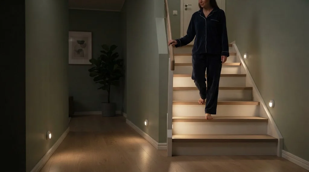 Battery motion sensor LED lights glowing along a staircase at night as a person walks down