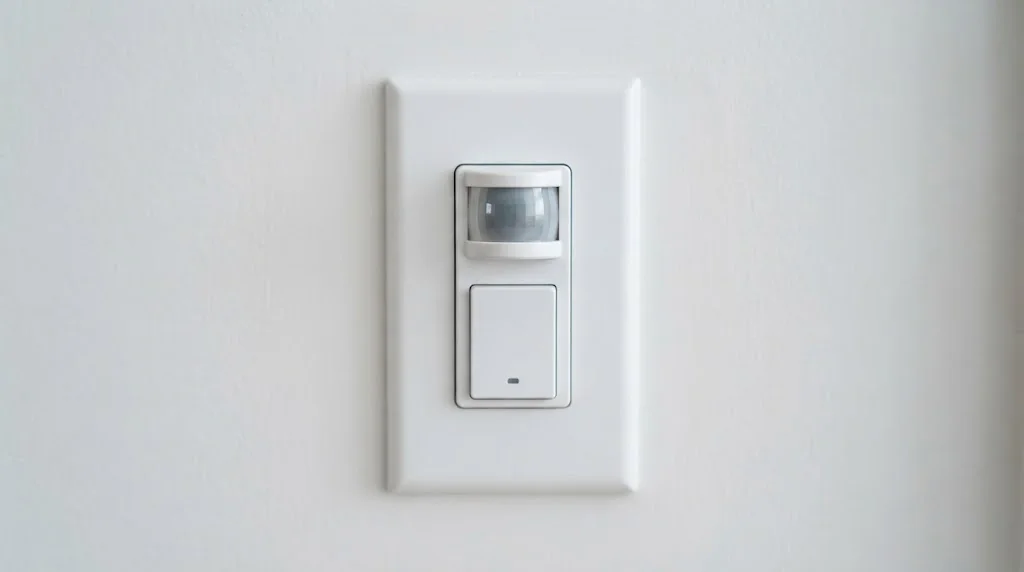 Close-up of a white motion sensor light switch with a PIR sensor lens and push button on a wall