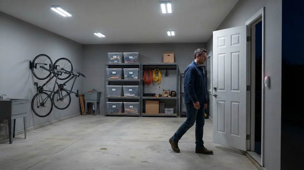 Garage ceiling lights switched on automatically by a motion sensor light switch as a person walks in