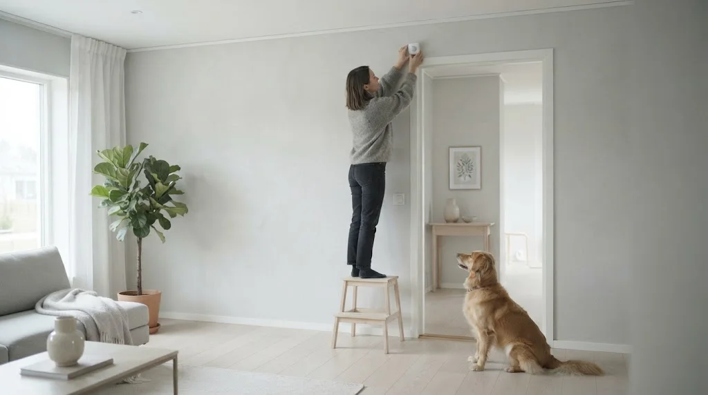 Person mounting a wireless motion detector high in a living room corner while a dog watches