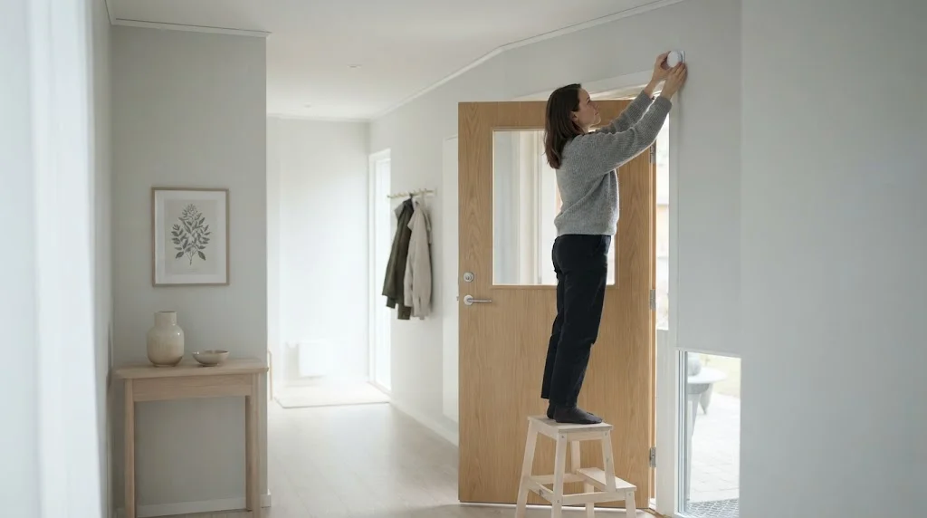 Person mounting a small white motion sensor high in the corner of a room near the entry door