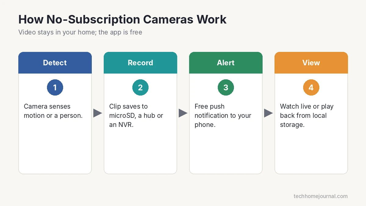 Diagram of how security cameras without a subscription detect, record locally, alert and play back