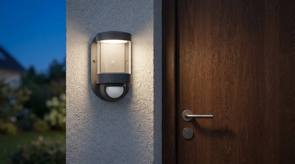 Close-up of an outdoor LED light with a PIR motion sensor dome mounted on a wall