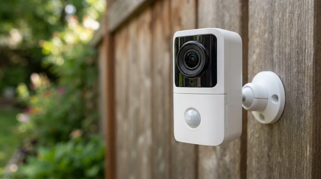 Battery security camera with a camera lens and a round PIR motion sensor window mounted on a wooden fence