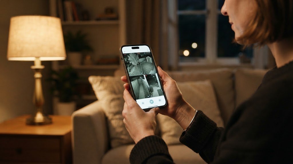Viewing a PoE home security camera system on a smartphone at night