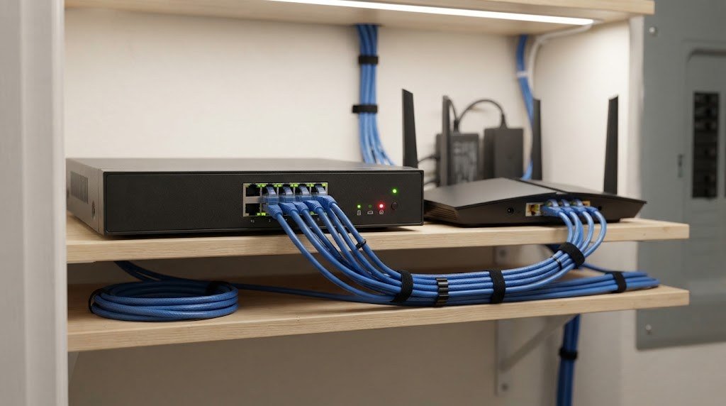 PoE NVR connected to security cameras with Cat6 ethernet cables in a network closet