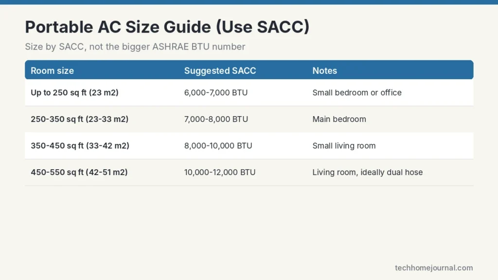 Portable air conditioner size guide showing suggested SACC BTU ratings for rooms from 250 to 550 square feet