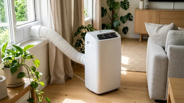 White portable air conditioner with exhaust hose to a window kit beside linen curtains in a sunny Scandinavian living room