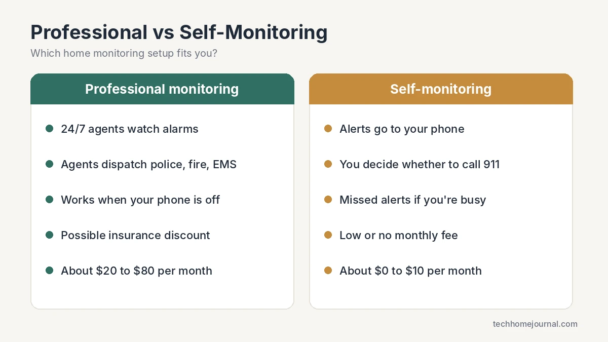 Professional vs self-monitoring home monitoring system comparison of features and monthly cost