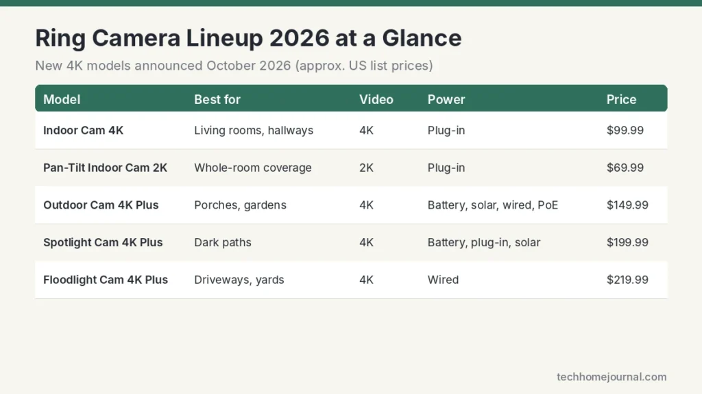 Ring camera lineup 2026 comparison chart with Indoor Cam 4K, Pan-Tilt Indoor Cam 2K, Outdoor Cam 4K Plus, Spotlight Cam 4K Plus and Floodlight Cam 4K Plus