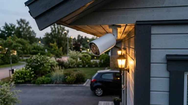 White Ring-style outdoor security camera mounted under the eaves of a grey Scandinavian house overlooking a driveway at dusk