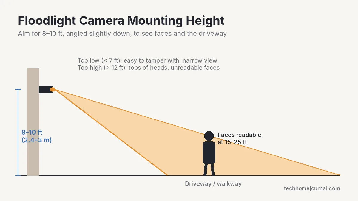 Diagram showing a Ring floodlight camera mounted 8 to 10 feet high and angled down to cover a driveway