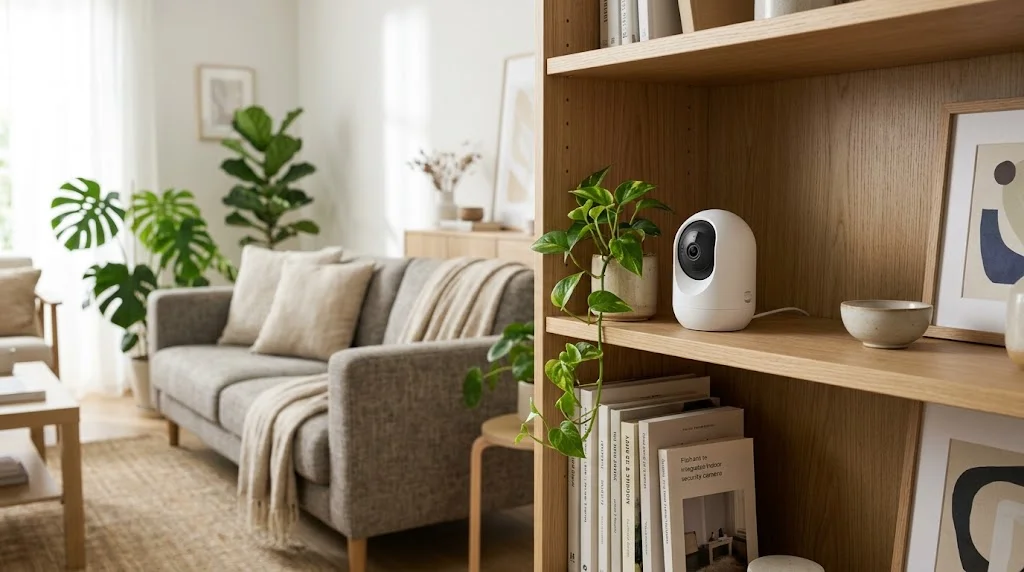 Small white indoor security camera on a light oak bookshelf in a Scandinavian living room