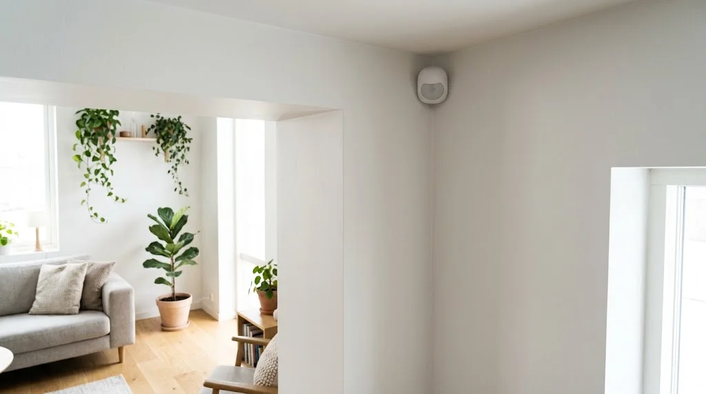 White wireless PIR motion detector mounted in the corner of a bright Scandinavian living room