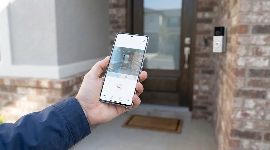 Person checking motion zones on a video doorbell app on a smartphone in front of a house