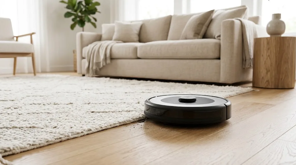 Roomba-style round robot vacuum cleaning a light oak floor next to a wool rug in a bright Scandinavian living room
