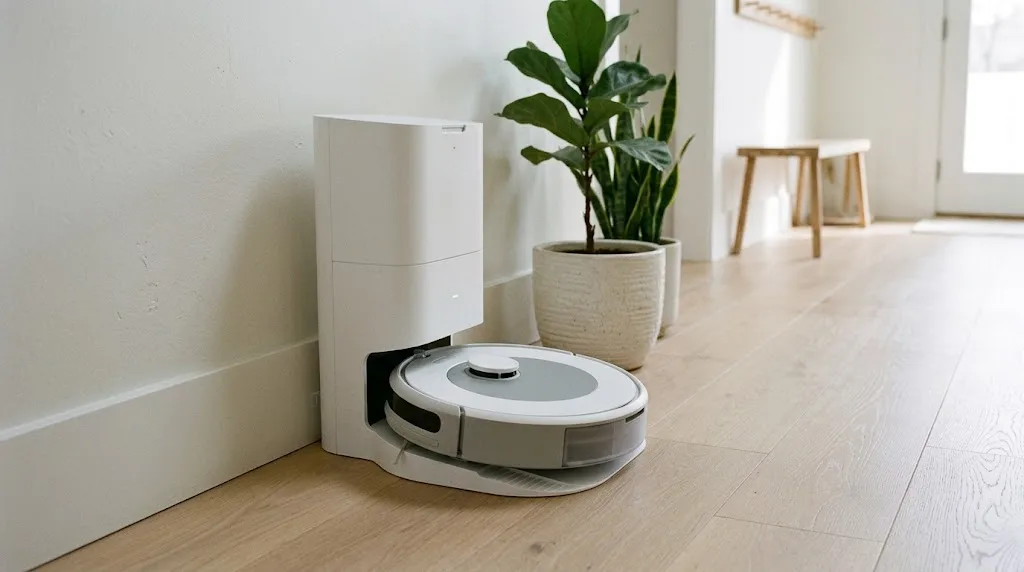 Roomba-style robot vacuum docked in a white self-emptying charging base in a minimalist Scandinavian hallway