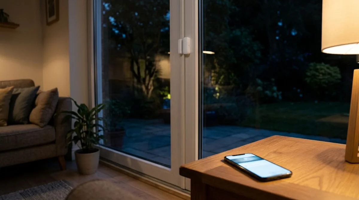 Wireless door contact sensor on a sliding glass door frame in a Scandinavian living room with a phone showing an alert