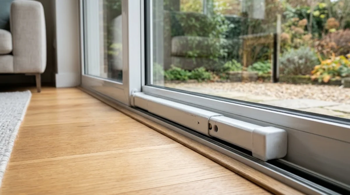 Aluminum security bar with rubber end caps in the bottom track of a sliding glass patio door