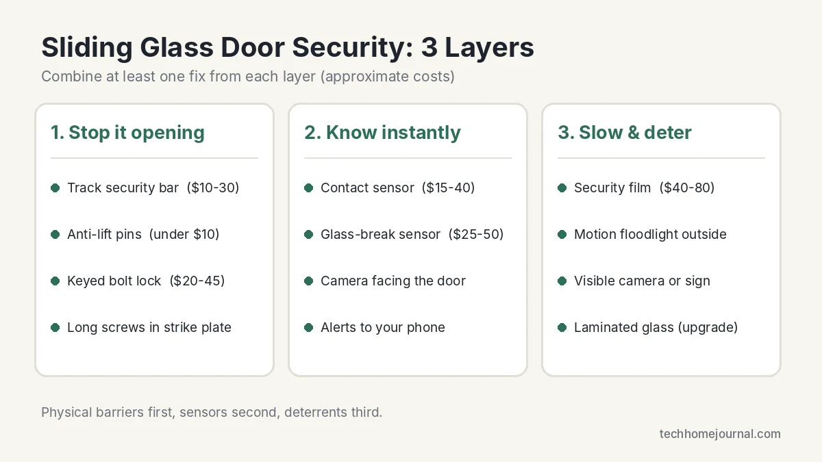 Sliding glass door security checklist in three layers: track bar and anti-lift pins, contact and glass-break sensors, security film and floodlights