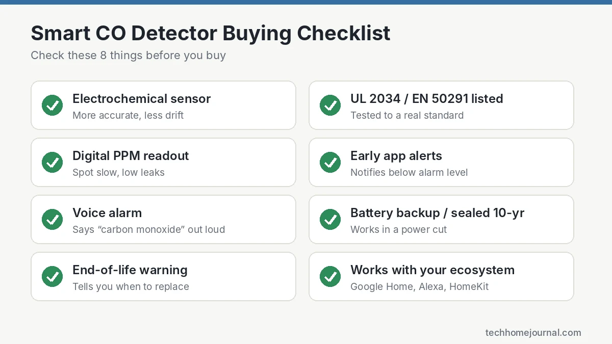 Smart carbon monoxide detector buying checklist: electrochemical sensor, UL 2034, PPM display, app alerts and voice alarm