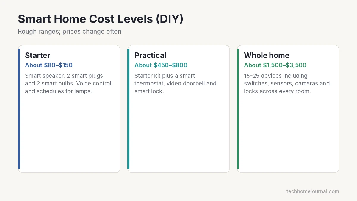Smart home cost levels for starter, practical and whole-home DIY setups