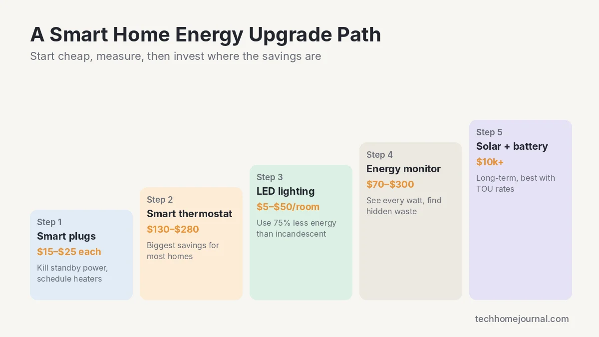 Five-step smart home energy upgrade path: smart plugs, smart thermostat, LED lighting, energy monitor, solar and battery