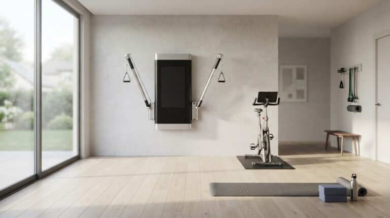 Smart home gym with a wall mounted strength trainer and smart bike