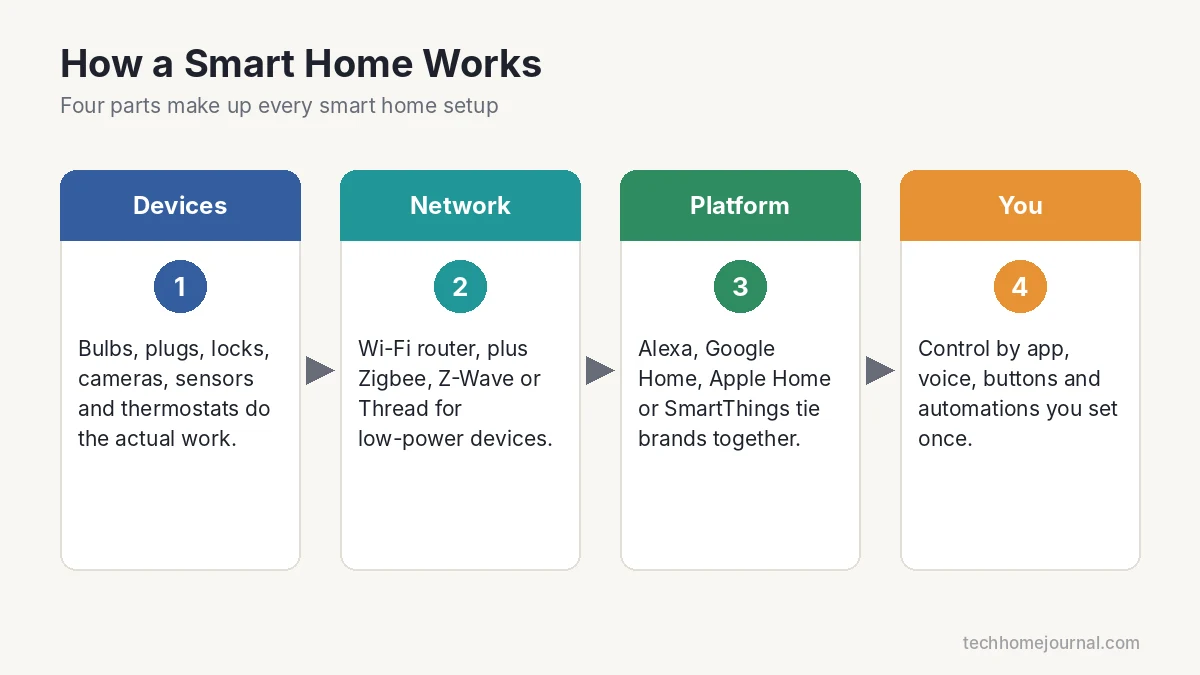 Diagram of how a smart home works: devices, network, platform and user controls