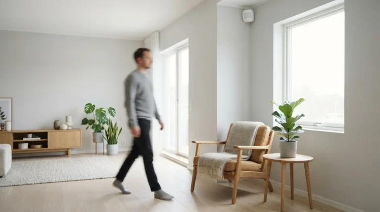 Small white smart home motion sensor in the corner of a bright Scandinavian living room as a person walks past