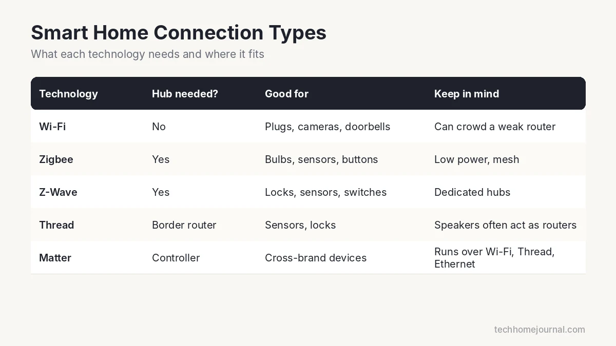 Comparison table of smart home technologies Wi-Fi, Zigbee, Z-Wave, Thread and Matter