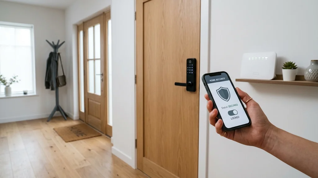 Smartphone security app next to a keypad smart lock on a front door in a Scandinavian hallway, showing smart home privacy and security basics