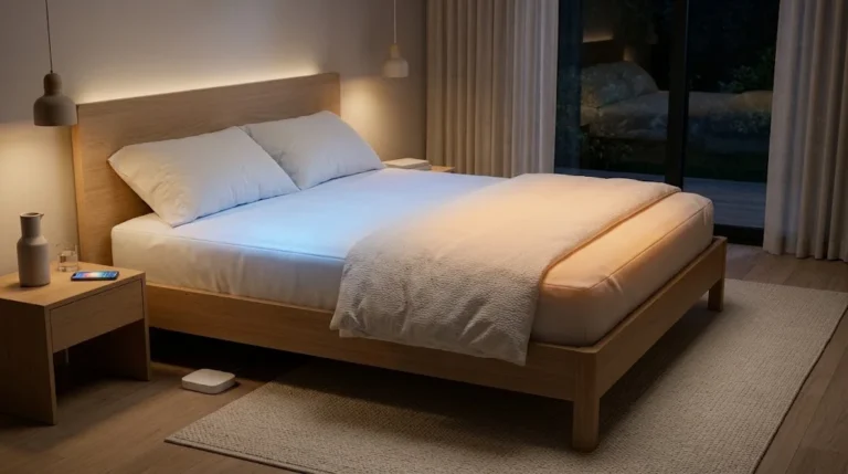 Smart mattress cover with dual-zone cooling and warming in a Scandinavian bedroom at night