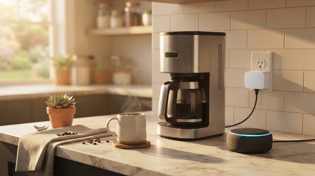 Smart plug and smart speaker turning on a coffee maker