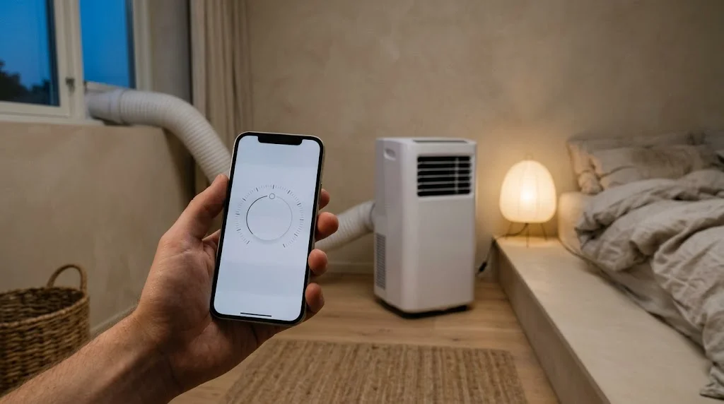 Hand holding a smartphone with a climate control app in front of a white portable air conditioner in a bedroom