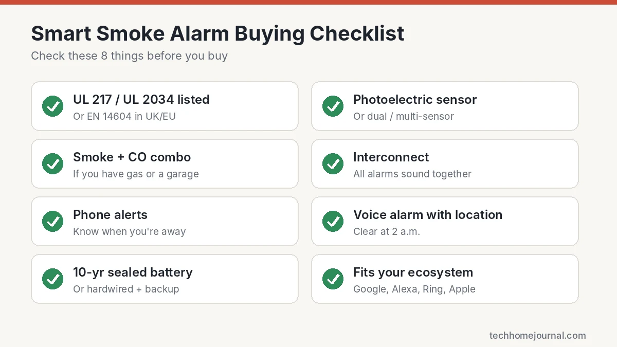 Smart smoke alarm buying checklist: UL listing, photoelectric sensor, smoke and CO combo, interconnect, phone alerts and 10-year battery