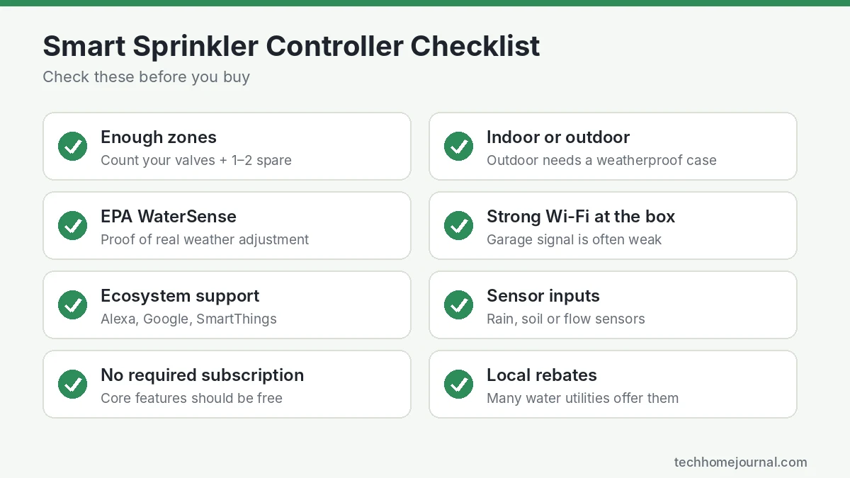 Smart sprinkler controller buying checklist: zones, indoor or outdoor, WaterSense, Wi-Fi signal, ecosystem, sensors and rebates