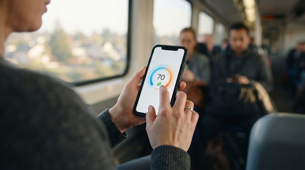 Adjusting a smart thermostat remotely from a phone app