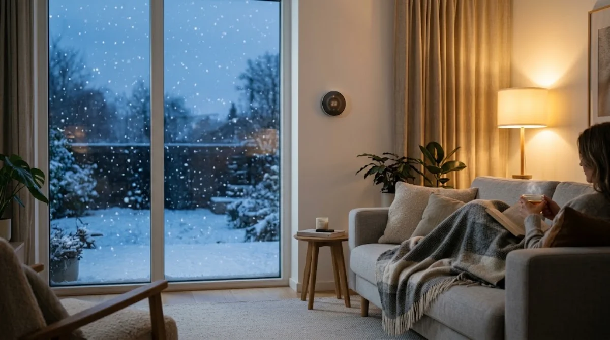 Round smart thermostat on the wall of a cozy Scandinavian living room on a snowy winter evening