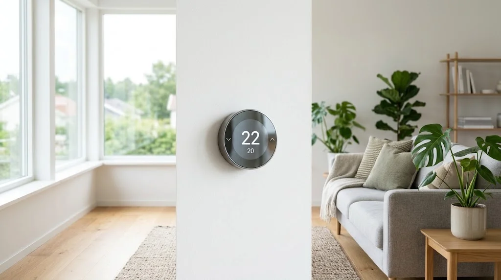 Smart thermostat on a white wall in a bright Scandinavian-style living room