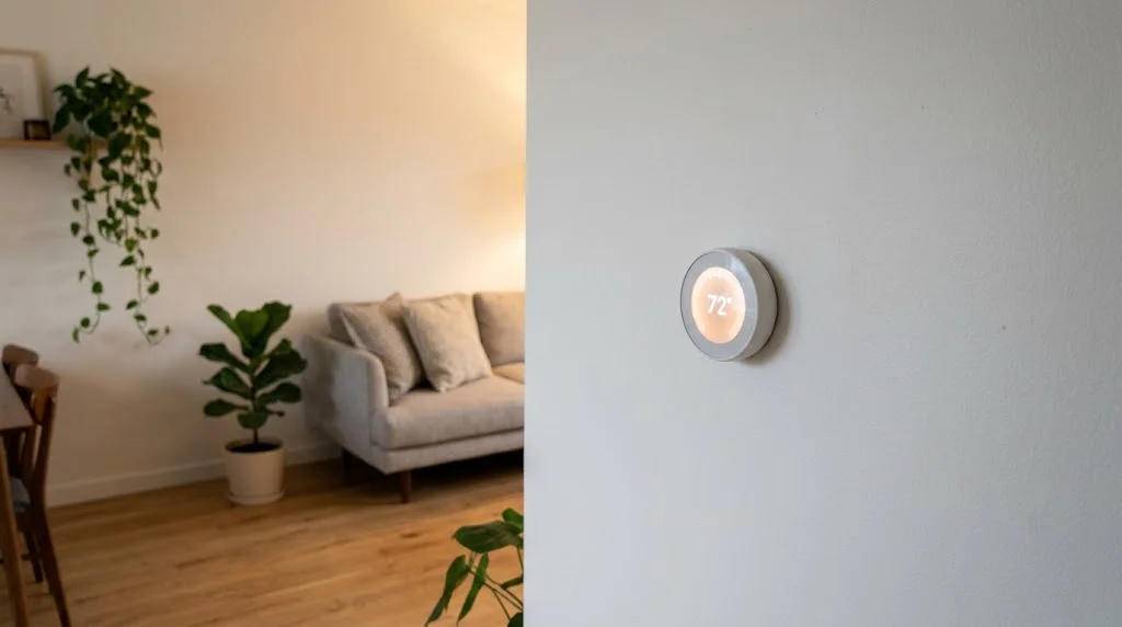 Round smart thermostat with glowing display on a white wall in a Scandinavian living room