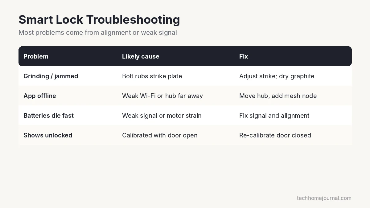 Smart lock troubleshooting table with common problems, causes and fixes