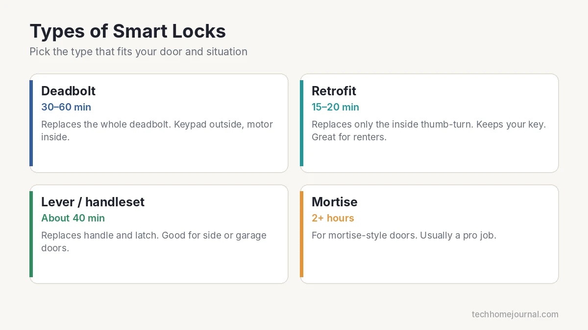 Types of smart locks: deadbolt, retrofit, lever handleset and mortise with install times