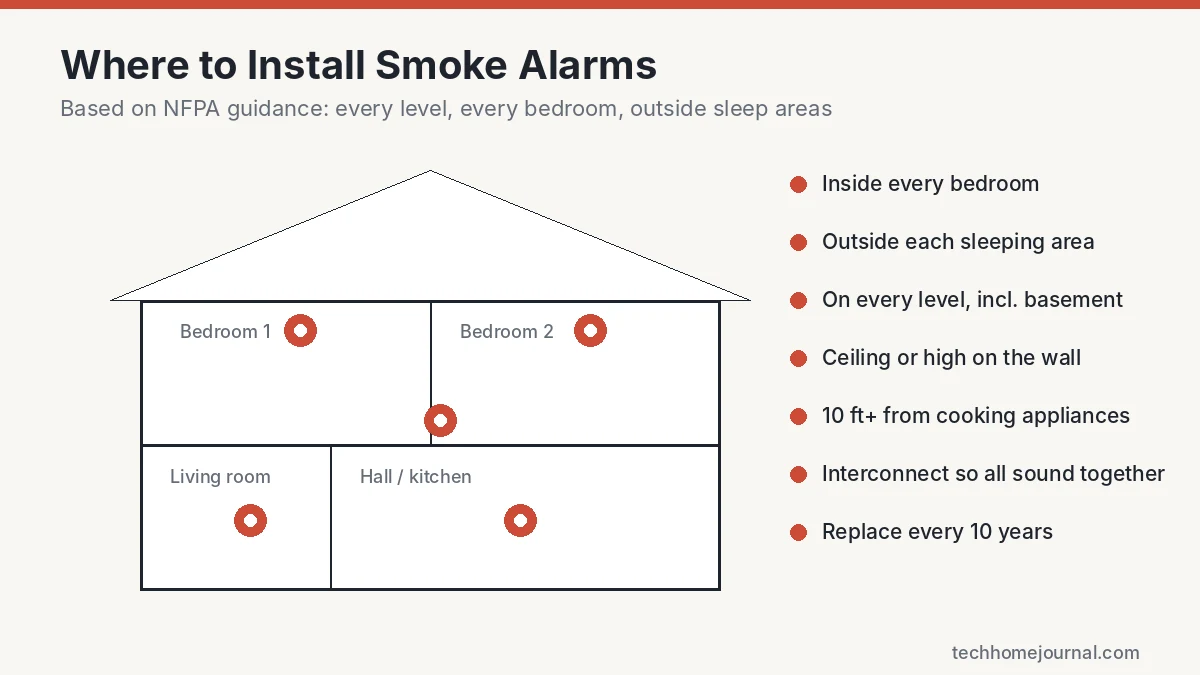 Smoke alarm placement guide showing alarms inside bedrooms, outside sleeping areas and on every level of a home